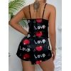 Aşk Temalı Kalp Desenli Siyah Saten Şortlu Gecelik Takım