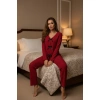 Kadın Bordo Fiyonklu İç Çamaşırı Ve Uzun Kollu V Yaka Pijama Takımı 4lü Set