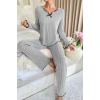 Kadın Gri Çizgili Uzun Kollu Fiyonk Detaylı Pijama Takımı Rahat Mevsimlik