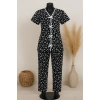 Kadın Siyah Beyaz Kalp Desenli Fiyonklu Kısa Kollu Pijama Takımı