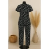 Kadın Siyah Beyaz Kalp Desenli Fiyonklu Kısa Kollu Pijama Takımı