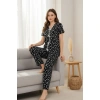 Kadın Siyah Kalp Desenli Fiyonklu Kısa Kollu Uzun Pijama Takımı