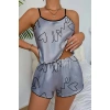 Love Baskılı Gri Saten Şortlu Gecelik Takım