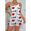 Love Desenli Beyaz Saten Şortlu Gecelik Takım