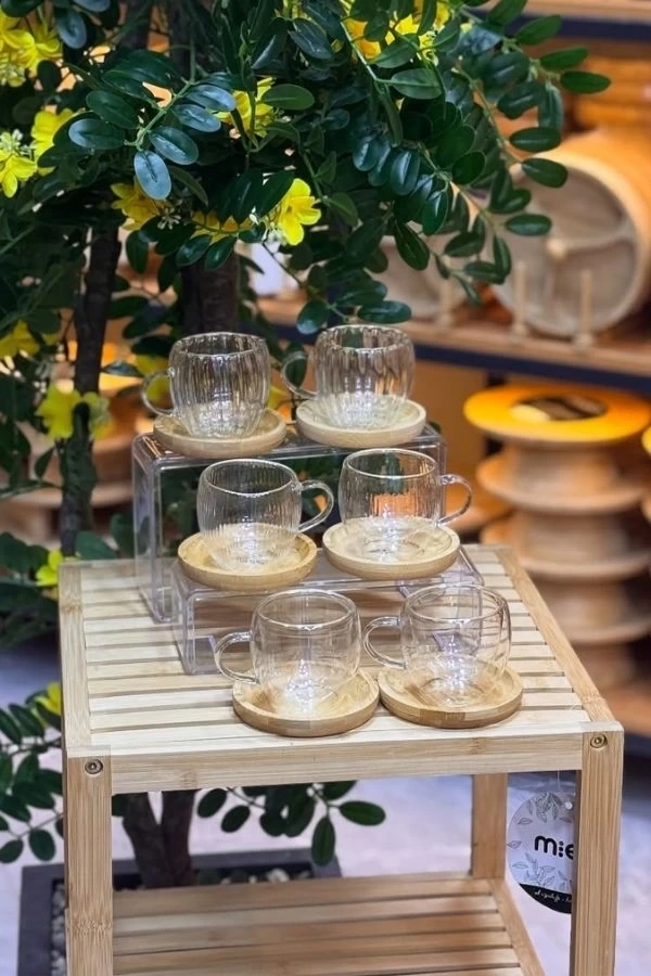 Bambu Altlıklı Çidarli Cam Kupa İkili