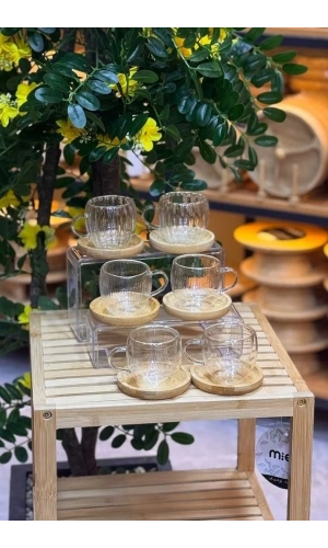 Bambu Altlıklı Çidarli Cam Kupa İkili