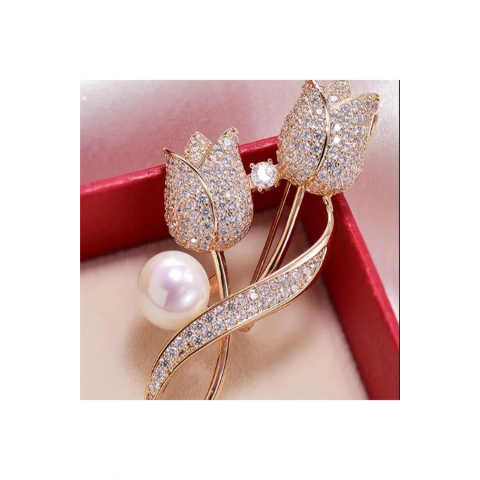 Luxeed Altın Rengi Işıltılı Lale tasarımlı Broş-Sevdiklerinize ve kendinize en özel hediye