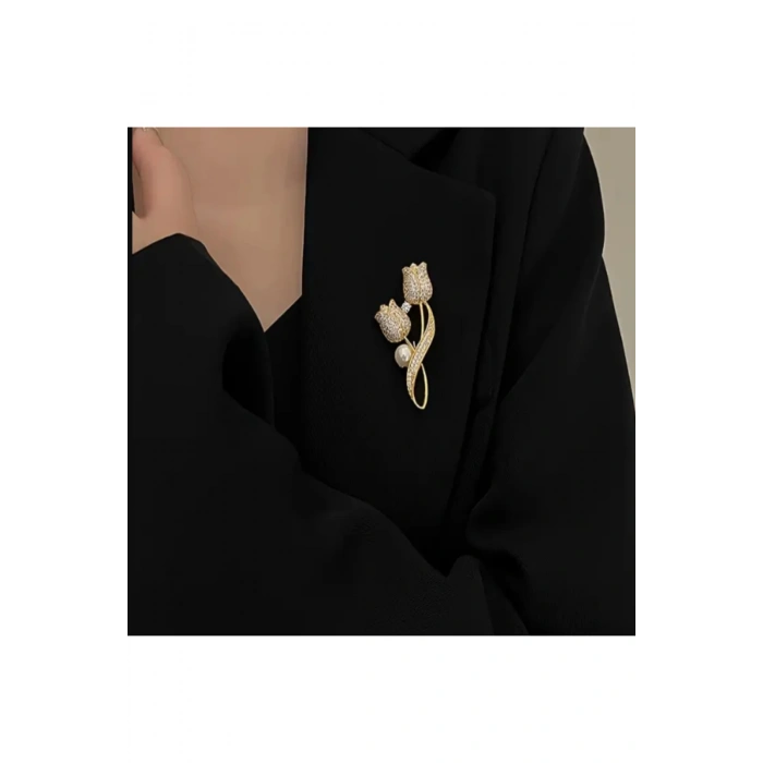 Luxeed Altın Rengi Işıltılı Lale tasarımlı Broş-Sevdiklerinize ve kendinize en özel hediye
