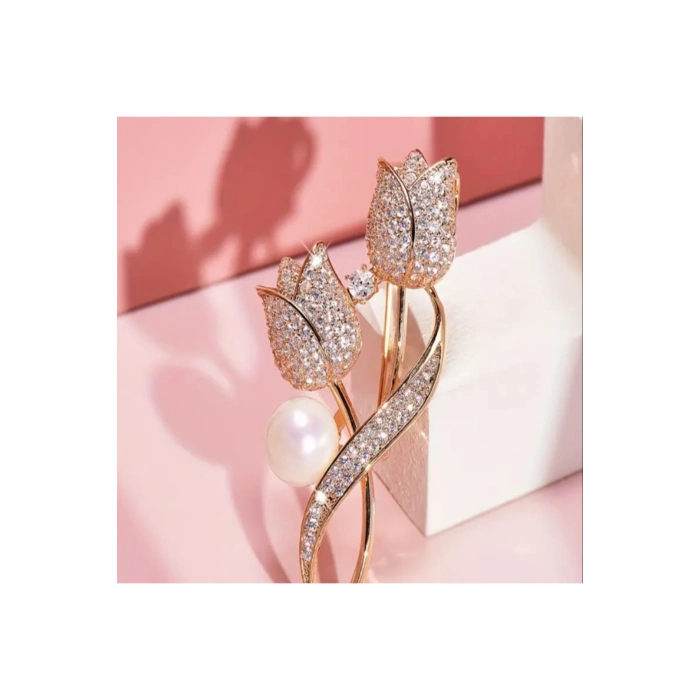 Luxeed Altın Rengi Işıltılı Lale tasarımlı Broş-Sevdiklerinize ve kendinize en özel hediye