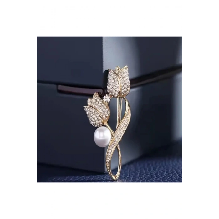 Luxeed Altın Rengi Işıltılı Lale tasarımlı Broş-Sevdiklerinize ve kendinize en özel hediye