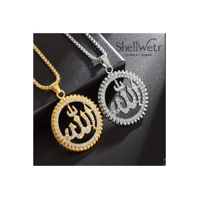 Parlak Taşlı Allah Yazılı Altın Rengi Kolye-Hem zarif hem anlamlı kolye