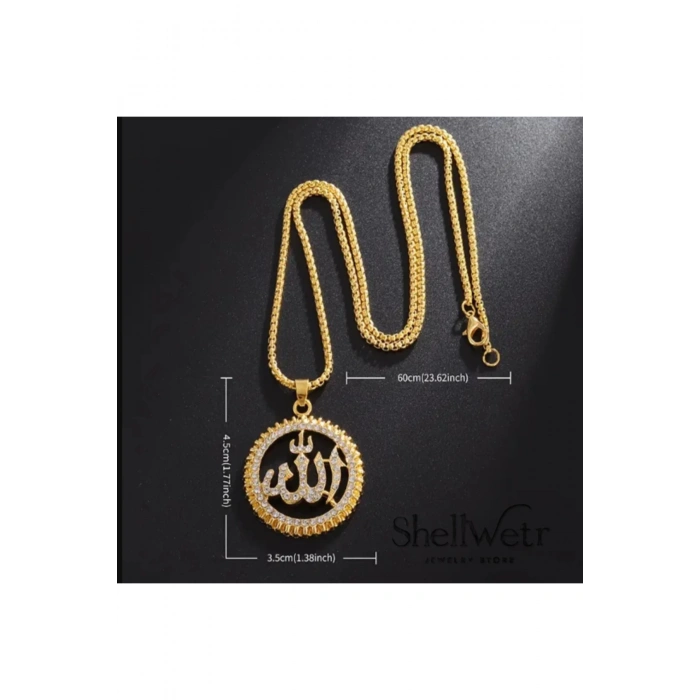 Parlak Taşlı Allah Yazılı Altın Rengi Kolye-Hem zarif hem anlamlı kolye