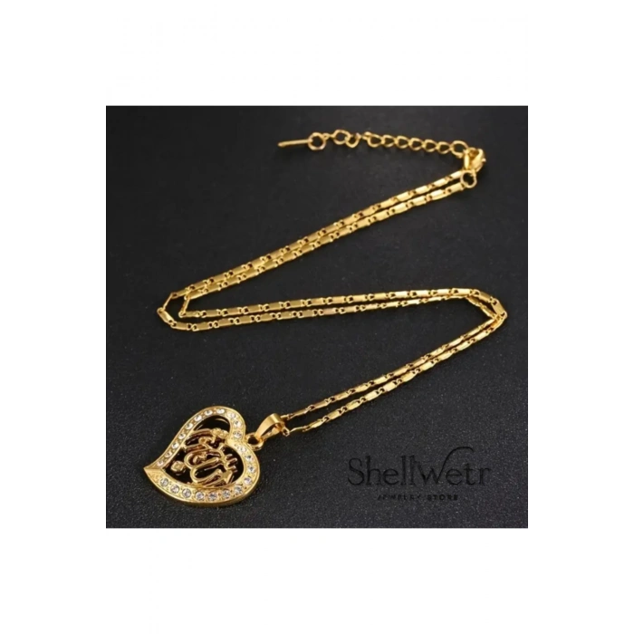 Manevi değeri yüksek, göz alıcı tasarımlı Altın Kaplama Allah yazılı kalpli kolye