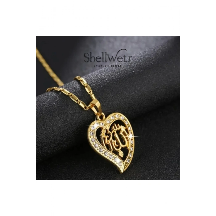 Manevi değeri yüksek, göz alıcı tasarımlı Altın Kaplama Allah yazılı kalpli kolye