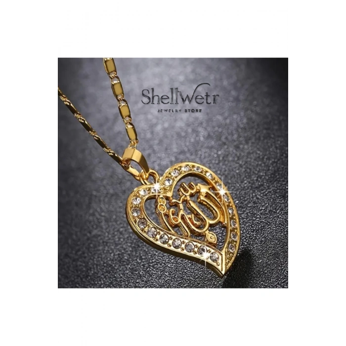 Manevi değeri yüksek, göz alıcı tasarımlı Altın Kaplama Allah yazılı kalpli kolye