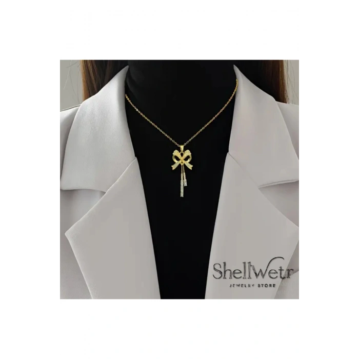 Lumine Kadın altın kaplama kolye-püsküllü fiyonk detaylı taşlı parlak kolye