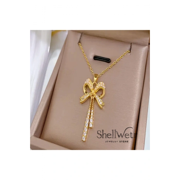 Lumine Kadın altın kaplama kolye-püsküllü fiyonk detaylı taşlı parlak kolye