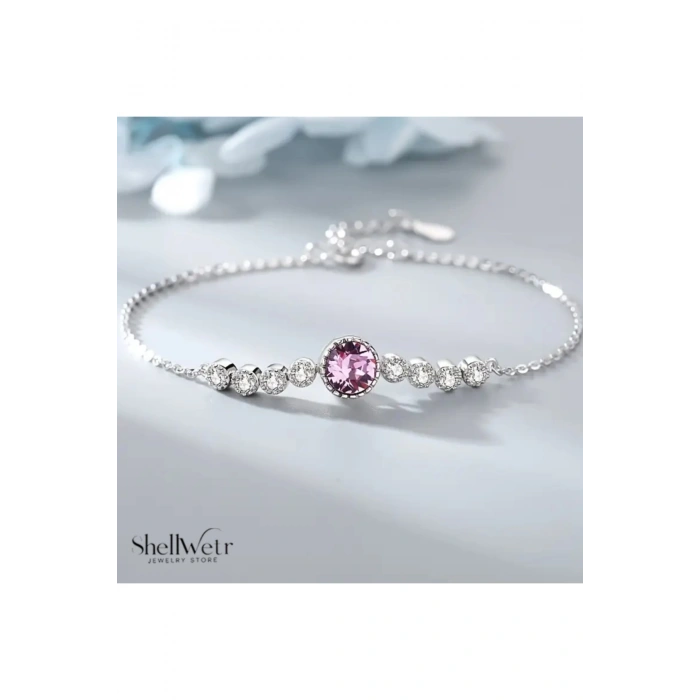Melody 925 Gümüş kadın bileklik pembe taş detaylı, ayarlanabilir şık bileklik