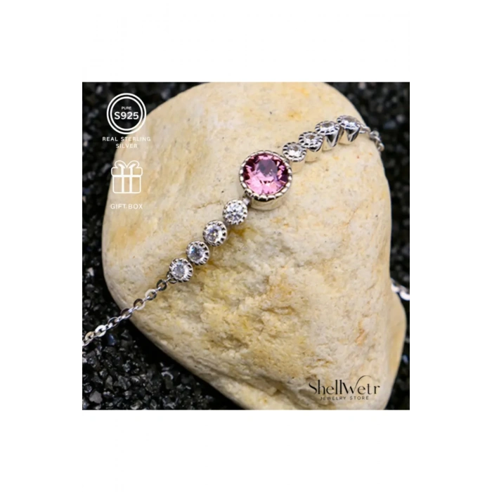 Melody 925 Gümüş kadın bileklik pembe taş detaylı, ayarlanabilir şık bileklik