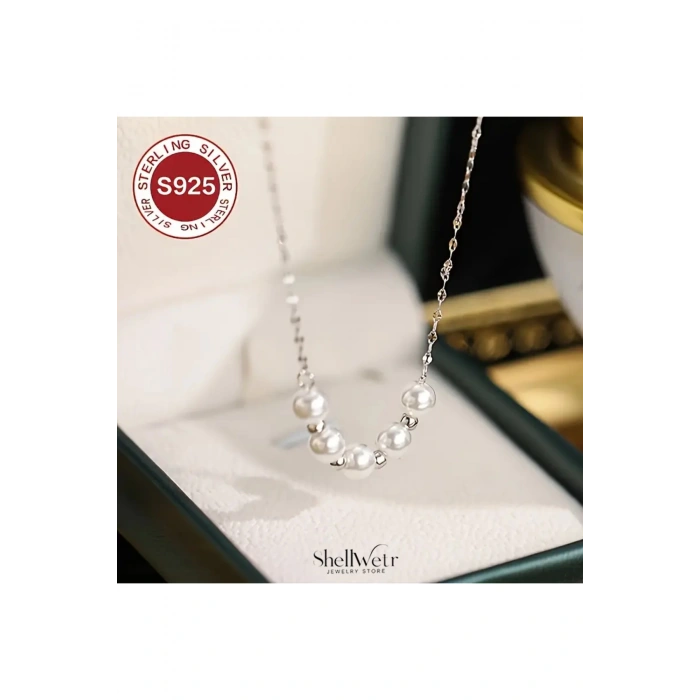 Lunella İncili 925 Gümüş kadın kolye inci ve gümüş detaylı parlak kolye