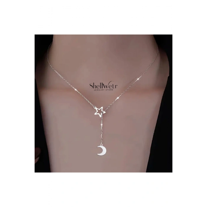 Selene 925 Ayar Gümüş Zincir Kolye Yıldız Ay Sallantılı Kadın kolye