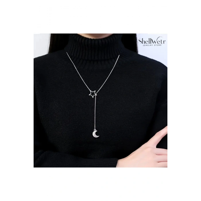 Selene 925 Ayar Gümüş Zincir Kolye Yıldız Ay Sallantılı Kadın kolye