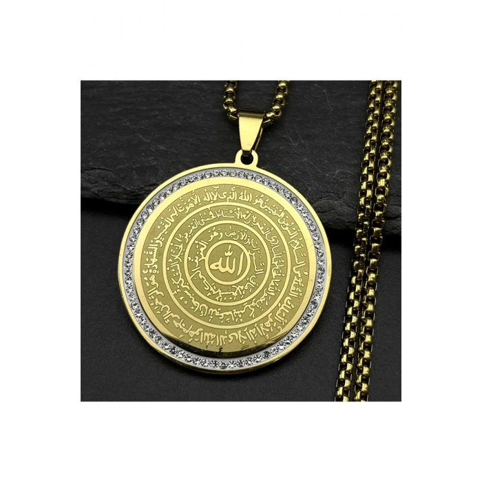 ALLAH ve Haşır suresi yazılı hastalık ve musibetten koruyan madolyon kararmaz altın renk