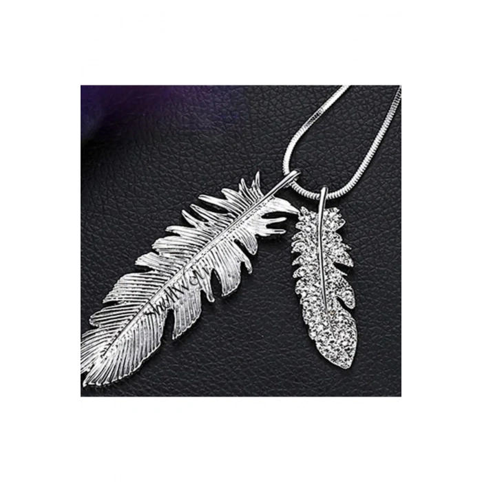 Plume Gümüş kuş tüyü detaylı kadın kolye şans her daim sizinle olsun