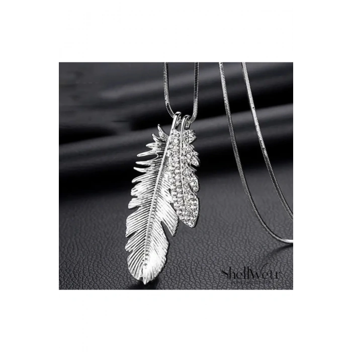 Plume Gümüş kuş tüyü detaylı kadın kolye şans her daim sizinle olsun