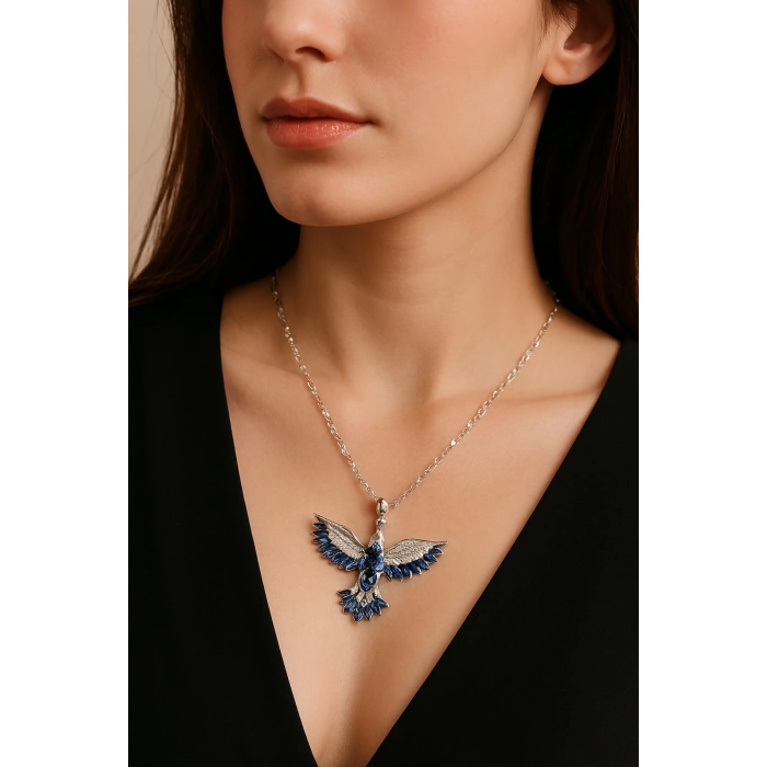 Mavi Taşlı Kartal Figürlü Gümüş 925 ayar zincir kadın kolye