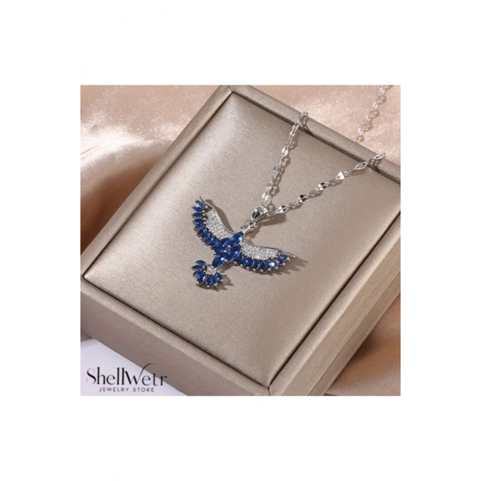 Mavi Taşlı Kartal Figürlü Gümüş 925 ayar zincir kadın kolye