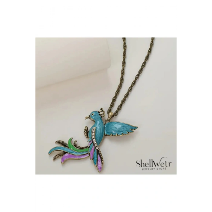 Orniva Tropikal kuş temalı kolye Eskitme gümüş rengi zincir model kadın kolye