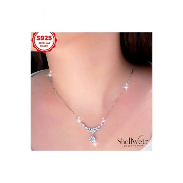 Aquila 925 Gümüş zincir parlak taşlı çiçek detaylı kadın kolye