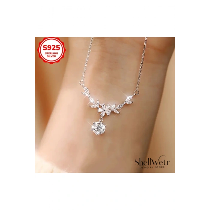 Aquila 925 Gümüş zincir parlak taşlı çiçek detaylı kadın kolye