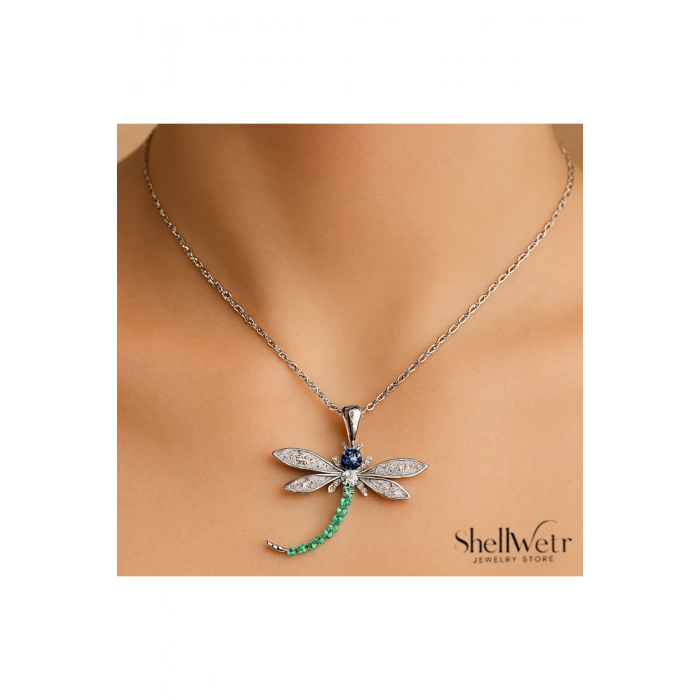 LunaFly 925 Gümüş zincir yusufcuk detaylı taşlı kadın gümüş kolye