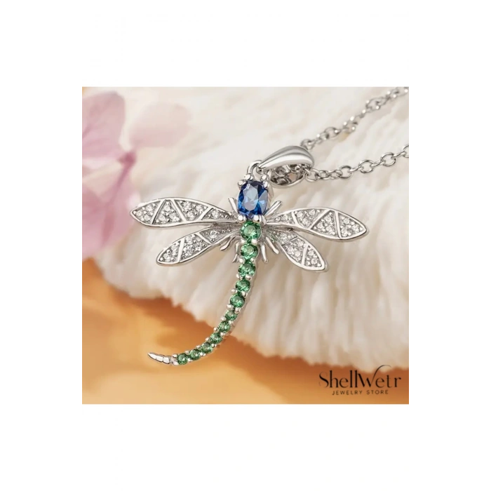 LunaFly 925 Gümüş zincir yusufcuk detaylı taşlı kadın gümüş kolye