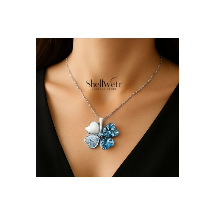 Kadın Kolye BlueClover Kadın Kolye 925 Ayar Gümüş Zincir Mavi Taşlı Yonca Şans