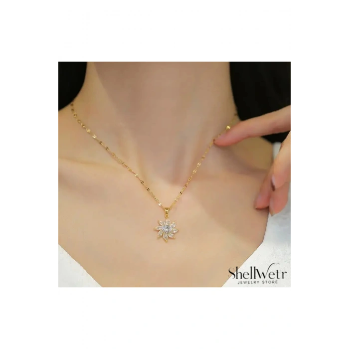 Kadın Kolye Sunflower Kadın Kolye Altın Kaplama Çiçekli Parlak Taşlı Şık Hediyelik