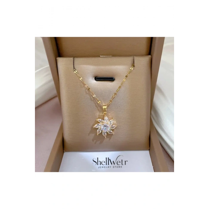 Kadın Kolye Sunflower Kadın Kolye Altın Kaplama Çiçekli Parlak Taşlı Şık Hediyelik