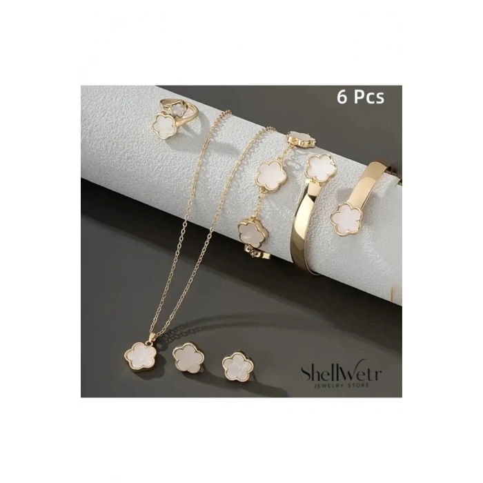 Kadın Takı Seti Lisa Altın Renk Beyaz Taşlı Çelik Kolye Bileklik Şık Hediyelik