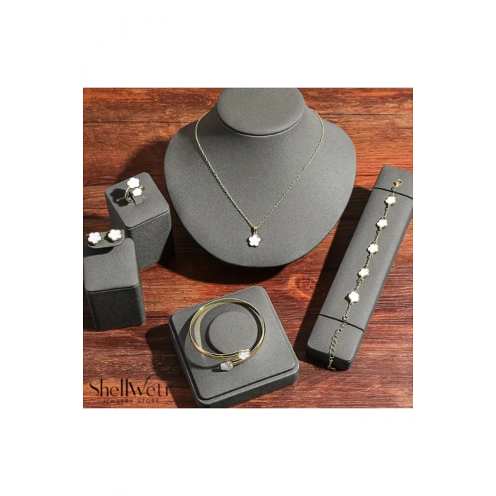 Kadın Takı Seti Lisa Altın Renk Beyaz Taşlı Çelik Kolye Bileklik Şık Hediyelik