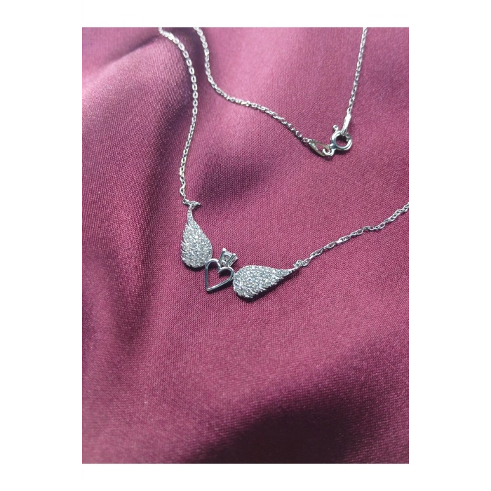 Kadın Kolye Santa Kadın Kolye 925 Ayar Gümüş Tektaş Kalp Melek Kanadı Şık