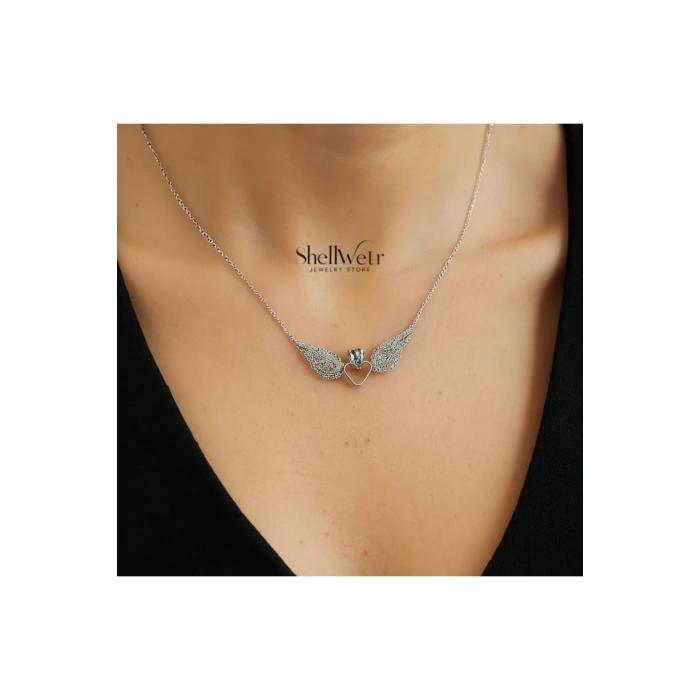 Kadın Kolye Santa Kadın Kolye 925 Ayar Gümüş Tektaş Kalp Melek Kanadı Şık