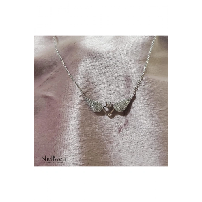 Kadın Kolye Santa Kadın Kolye 925 Ayar Gümüş Tektaş Kalp Melek Kanadı Şık