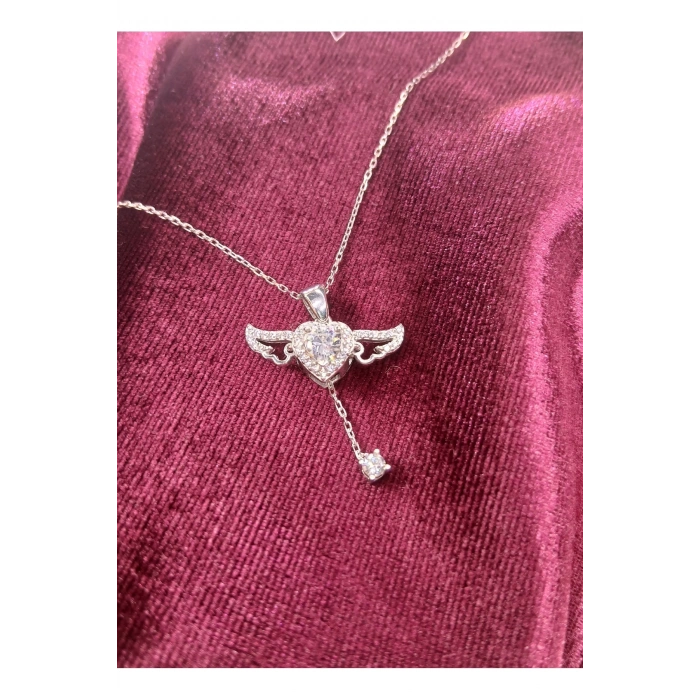 Kadın Kolye Simona Kadın Kolye 925 Ayar Gümüş Melek Kanatlı Kalp Detaylı Taşlı