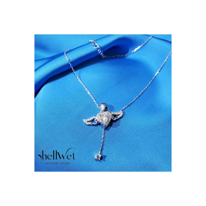 Kadın Kolye Simona Kadın Kolye 925 Ayar Gümüş Melek Kanatlı Kalp Detaylı Taşlı