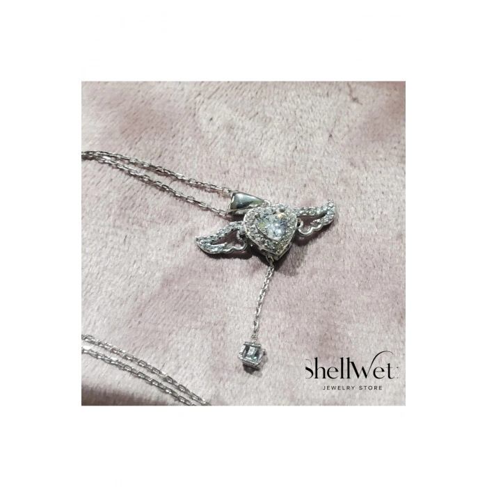 Kadın Kolye Simona Kadın Kolye 925 Ayar Gümüş Melek Kanatlı Kalp Detaylı Taşlı