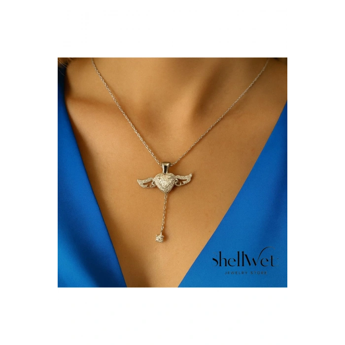 Kadın Kolye Simona Kadın Kolye 925 Ayar Gümüş Melek Kanatlı Kalp Detaylı Taşlı