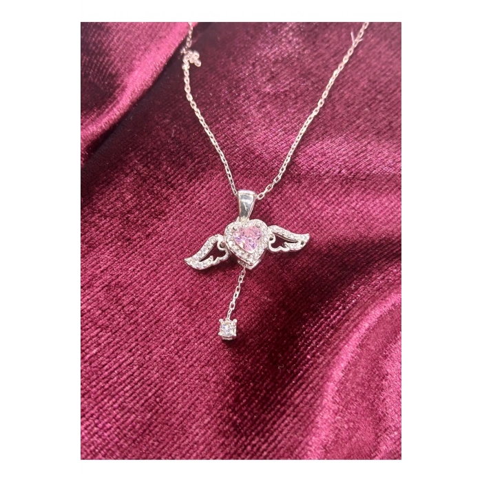 Angelight 925 ayar gümüş melek kanatlı pembe taş kalpli kadın kolye ort.