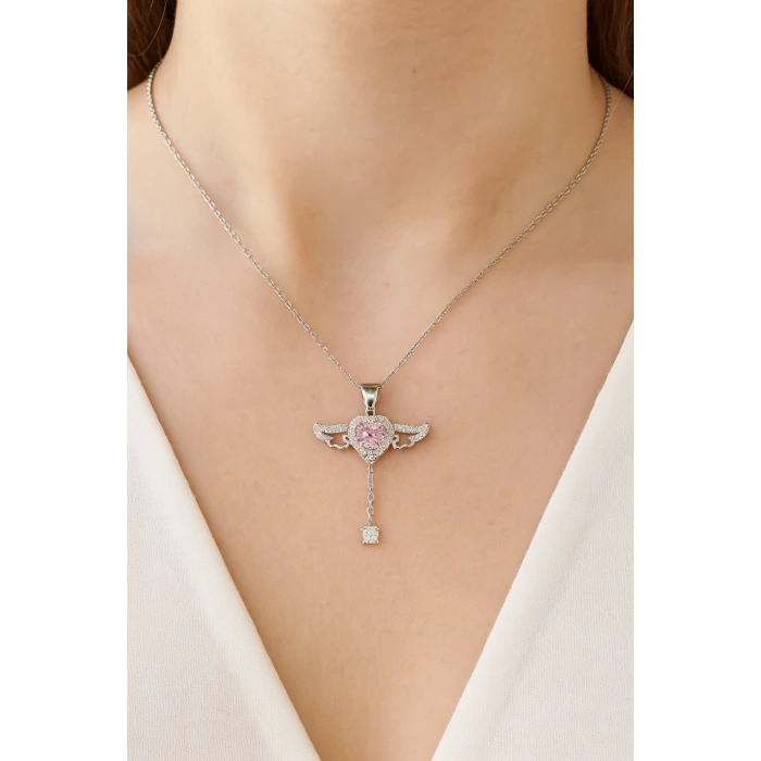 Angelight 925 ayar gümüş melek kanatlı pembe taş kalpli kadın kolye ort.
